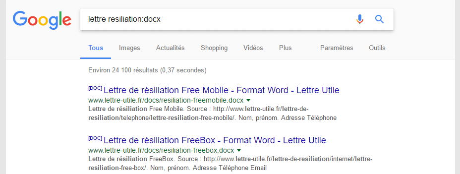 type fichier recherche google
