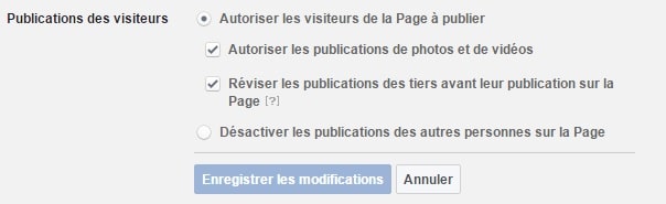 Réglage de la partie publications des visiteurs sur la page facebook professionnelle option 1