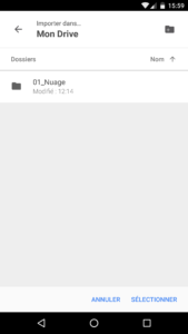 sélection du dossier de destination dans Google drive