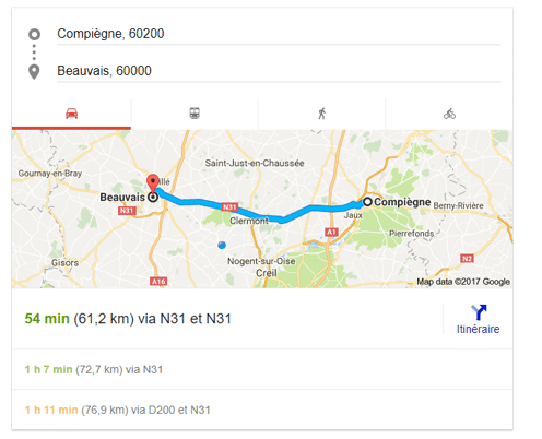 Le moteur de réponse Google propose les itinéraires ente deux lieux