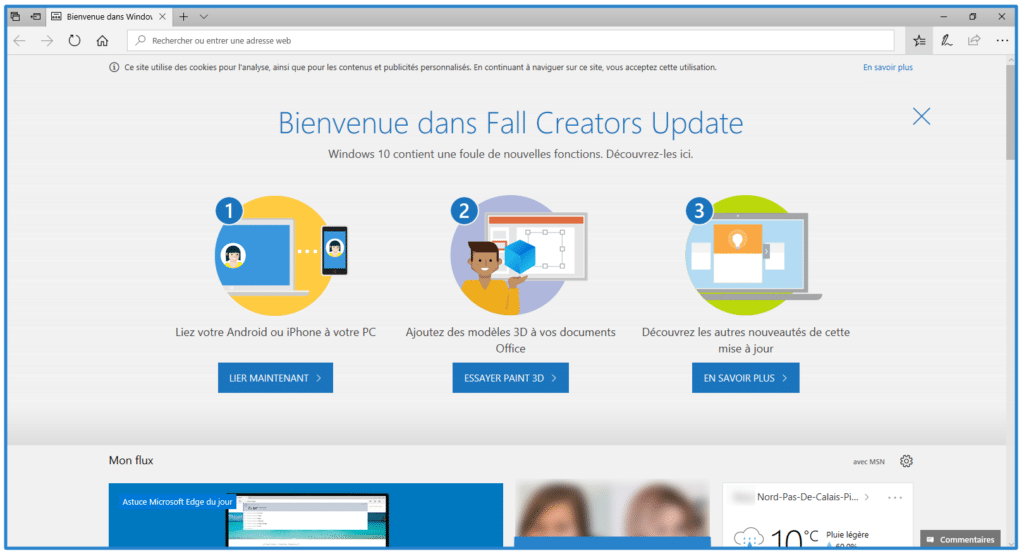 windows 10 fall creators update page de bienvenue