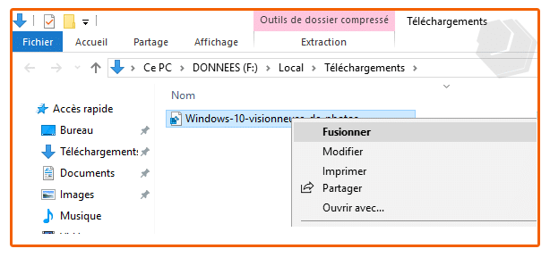 fusion du fichier avec la base de registre de Windows 10