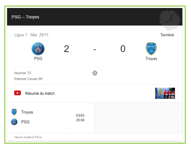 moteur de réponse particuliers affiche le score d'un recontre sportive comme celle d'un match de foot