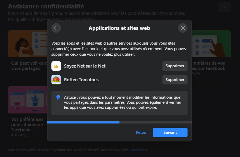 Gérez les données de vos apps et site internet pouvant accéder à votre profil Facebook