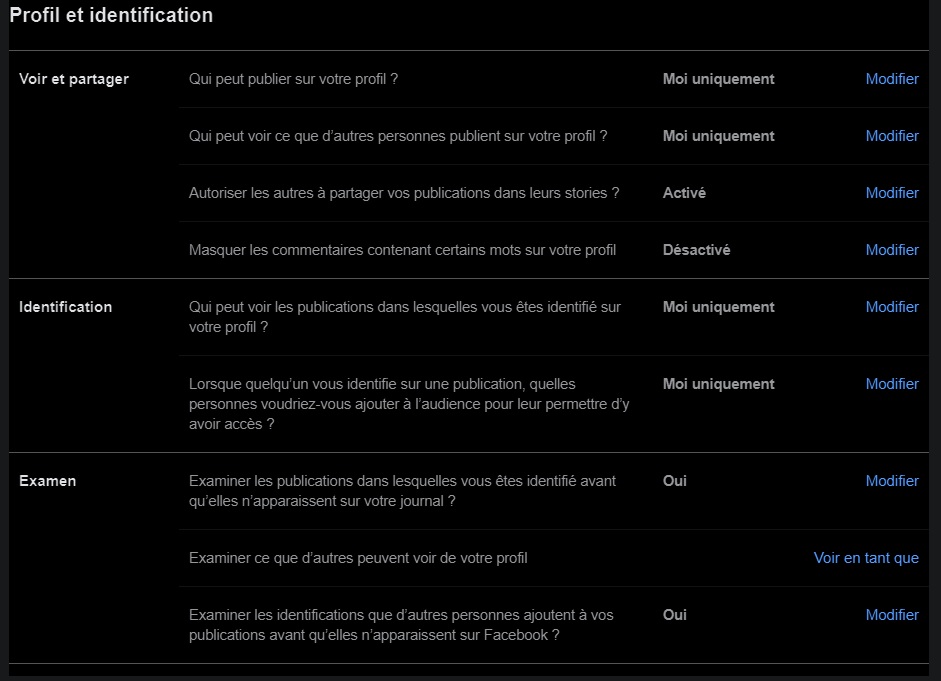 Rubrique profil et identification de Facebook