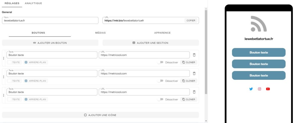 Interface smartlink de Metricool