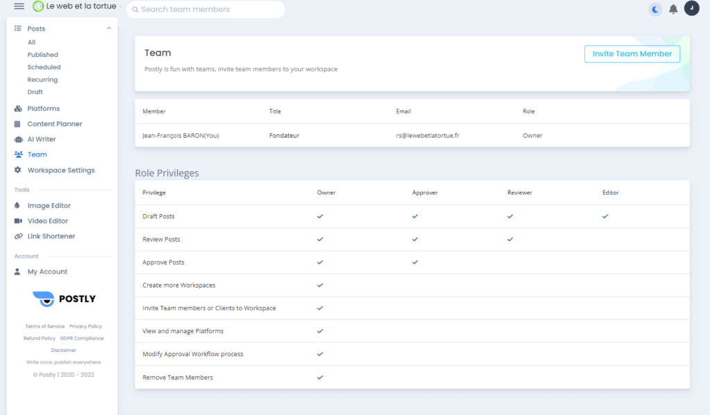 Aperçu de l'interface de gestion d'équipe sur Postly